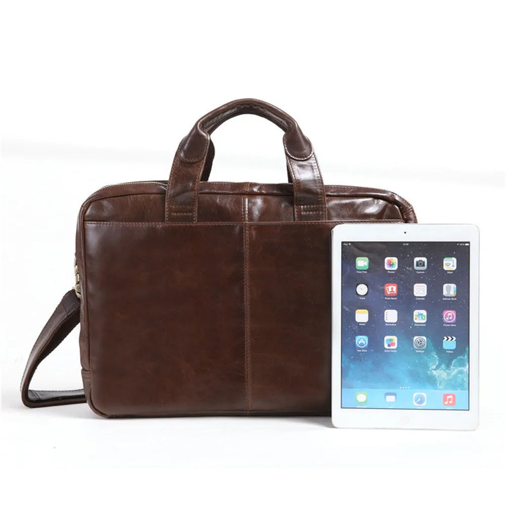 Brown 18-inch men's business briefcase made from first layer cowhide leather with polyester cotton lining