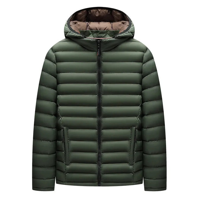 Man wearing a lightweight solid-colour hooded down jacket with a detachable collar and zipper pockets.