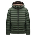 Man wearing a lightweight solid-colour hooded down jacket with a detachable collar and zipper pockets.