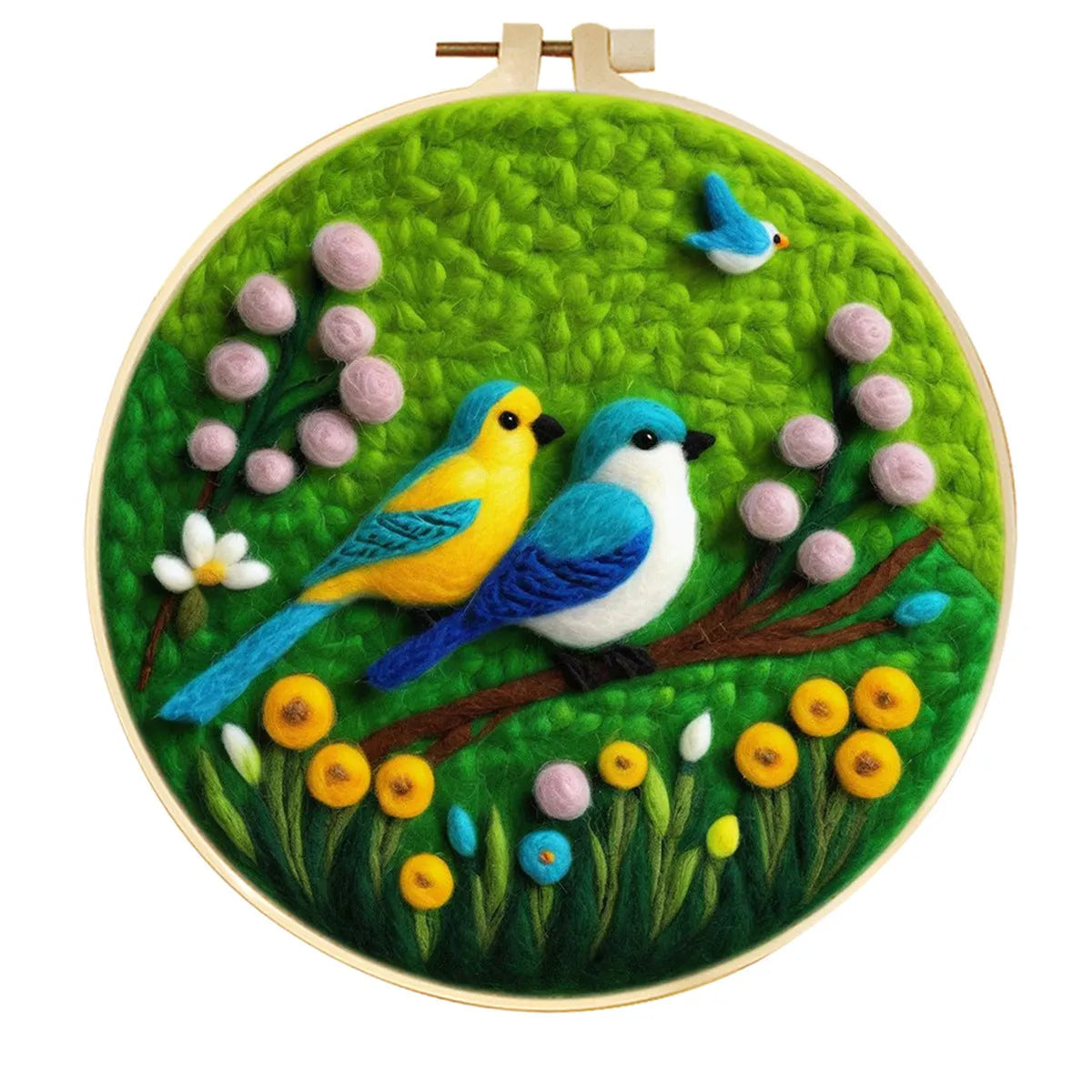Round linen embroidery kit with wool felt pieces for 3D flowers and leaves, includes a free frame.