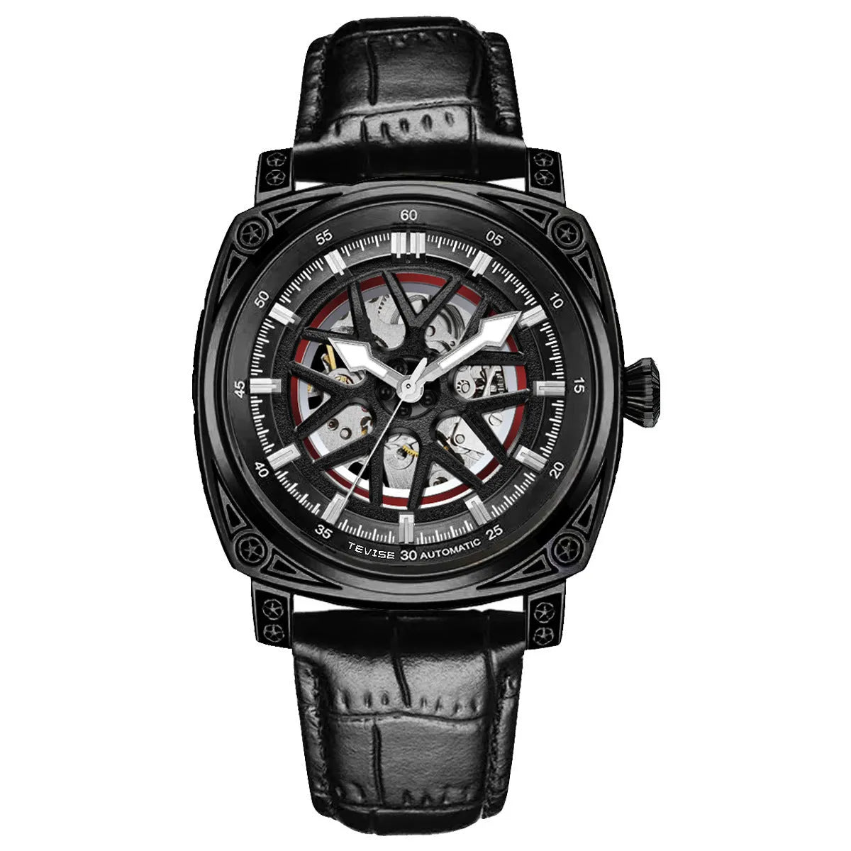 Automatic mechanical men's watch with stainless steel case and blue leather strap
