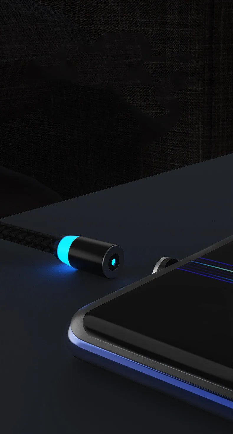 Magnetic charging cable with breathing light showing USB plug and interchangeable Lightning, Micro USB, and Type-C magnetic heads.