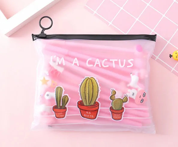 Plastic pen case open showing twenty colourful cartoon cactus design pens with 0.5mm black tips
