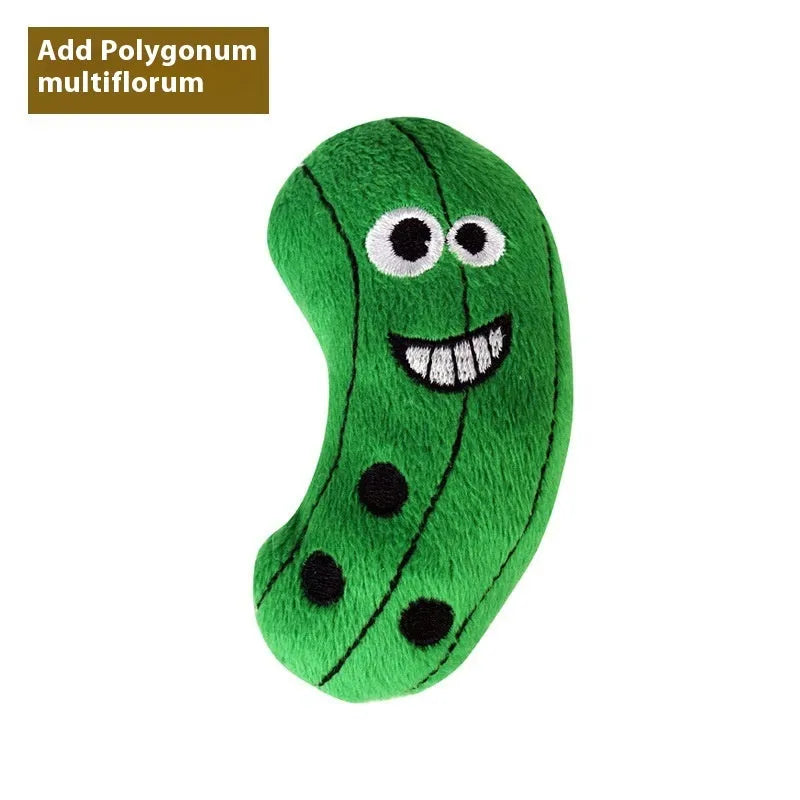Set of six polygonum multiflorum wood cat dental toys in burrito, cone, cucumber, mushroom, pineapple, and pizza shapes with catnip plush companions