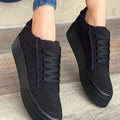 Plus size women's black casual shoes with rhinestone decoration, chunky rubber sole, and front lace-up