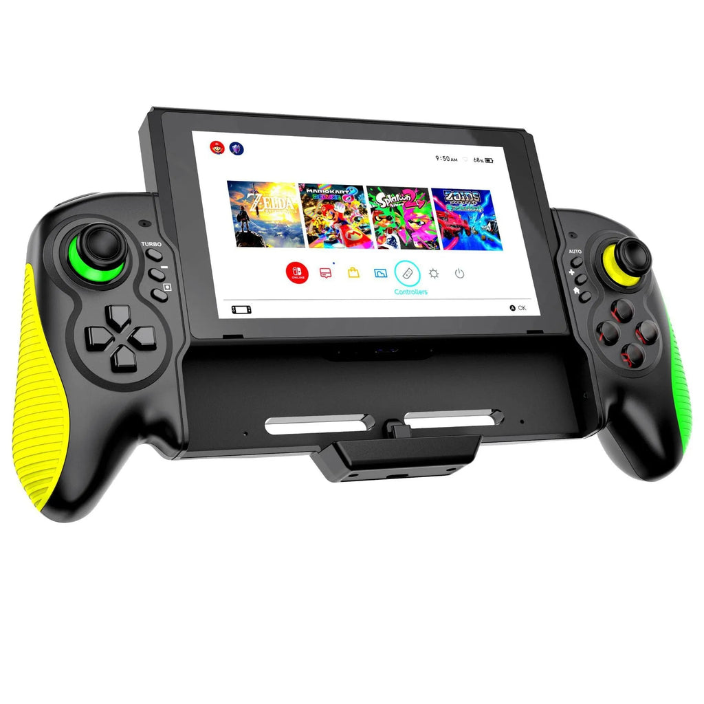 Yellow-green gaming controller with in-line handle design for Nintendo Switch and PC gaming