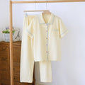 Washed cotton double-layer gauze short-sleeved trousers set in loose casual style for women.