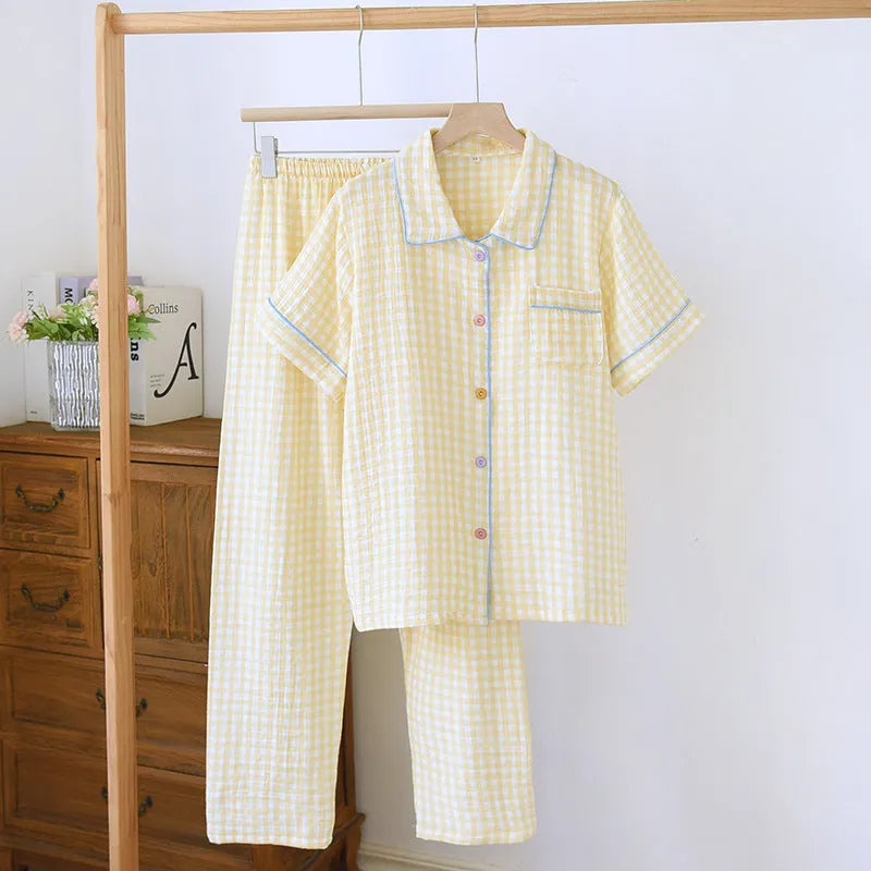 Washed cotton double-layer gauze short-sleeved trousers set in loose casual style for women.