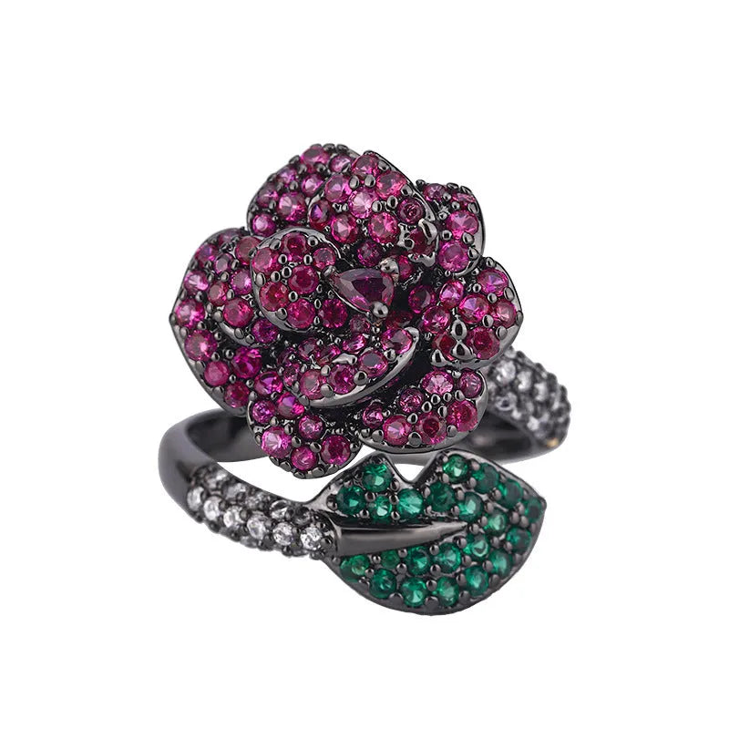 Black gold geometric women's ring with simulated red corundum stone