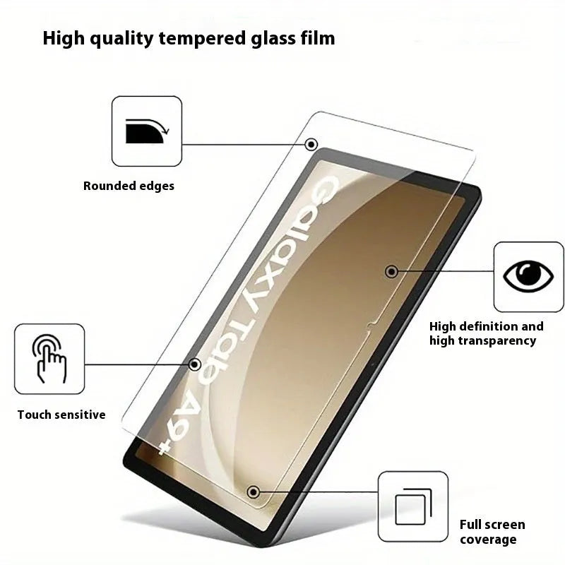 Samsung Galaxy tablet tempered glass screen protector showing HD clarity and full coverage.