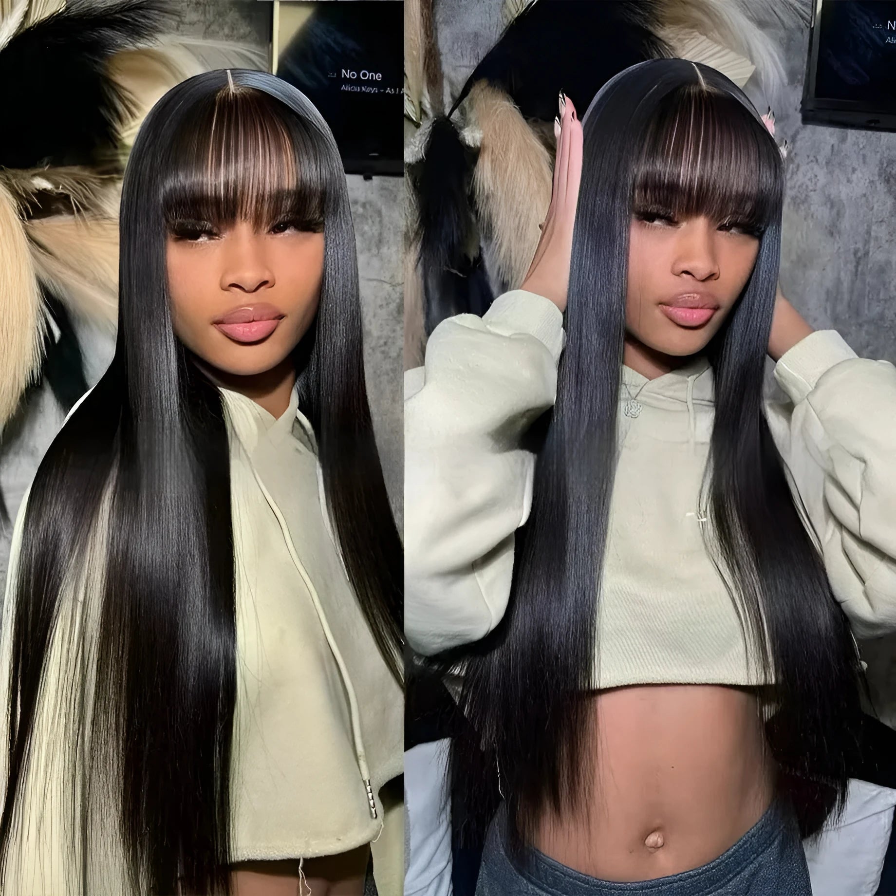 Natural colour full mechanism headgear straight fringe human hair wig without lace