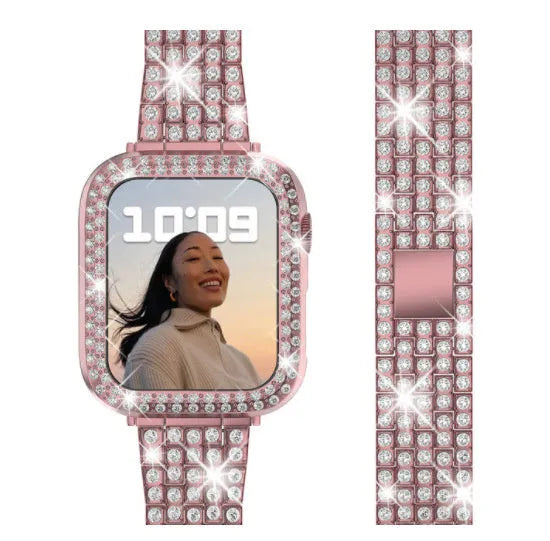 Apple Watch case with double diamond glass screen protector in rose pink colour for a 44mm model.