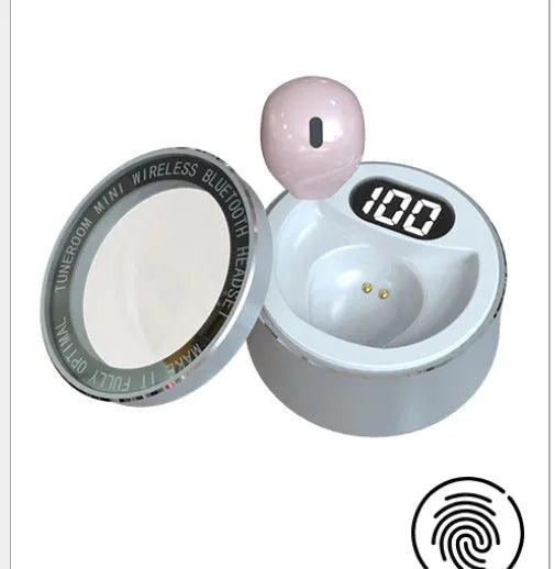 Invisible 9mm skin tone Bluetooth touch earphone shown next to white and pink colour options.