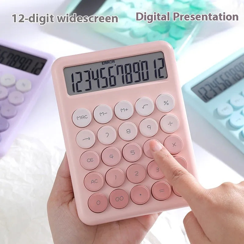 Gradient colour desk calculator showing violet, cherry blossom, blue and green shade options
