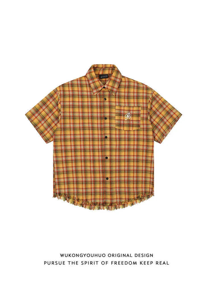 Yellow plaid short sleeve shirt with embroidered chest pocket, loose fit casual design