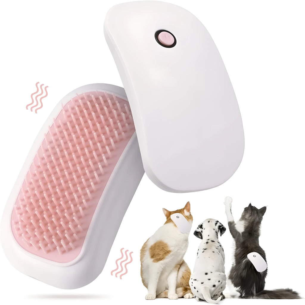 Light pink handheld electric vibration brush for grooming cats and dogs on a white background.