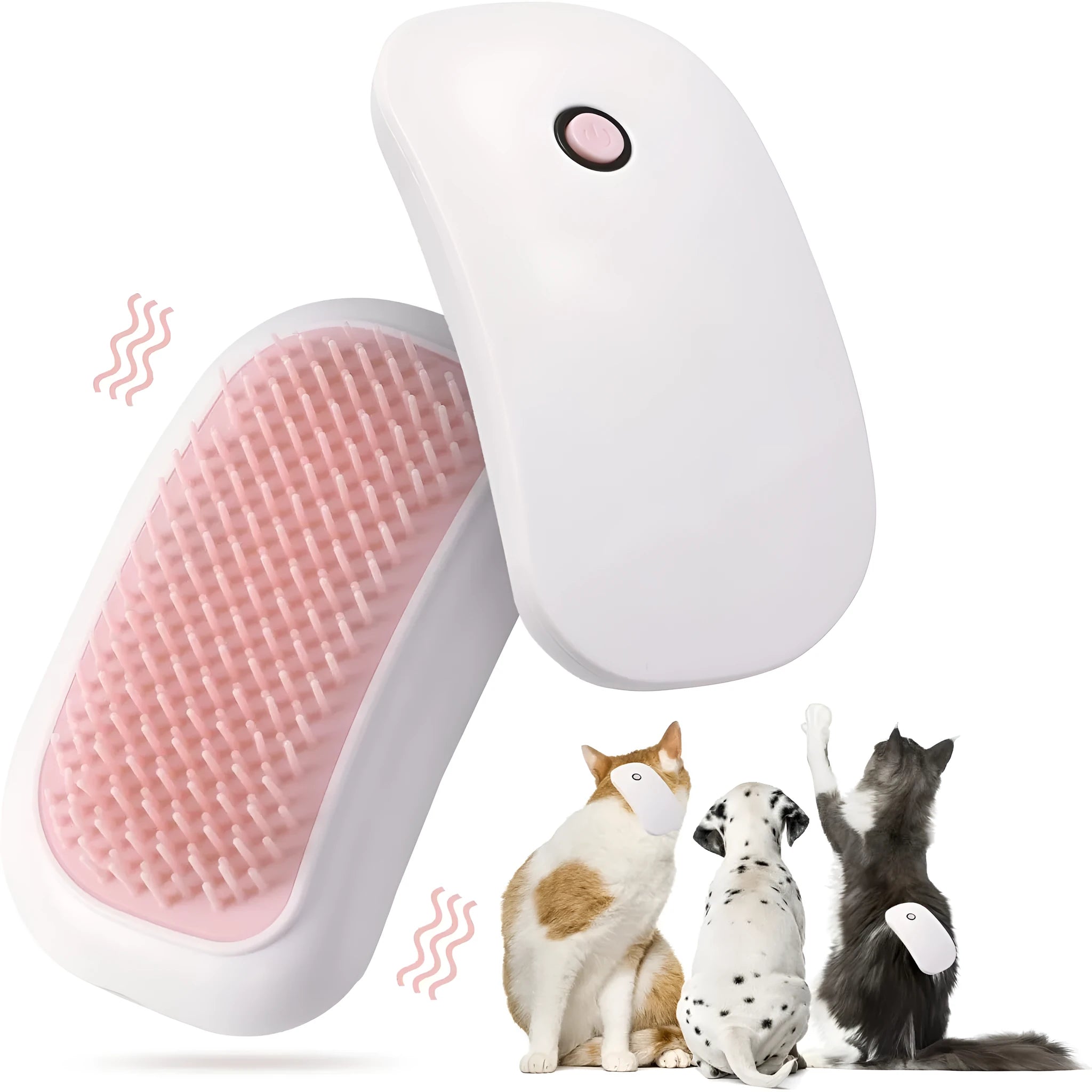 Light pink handheld electric vibration brush for grooming cats and dogs on a white background.