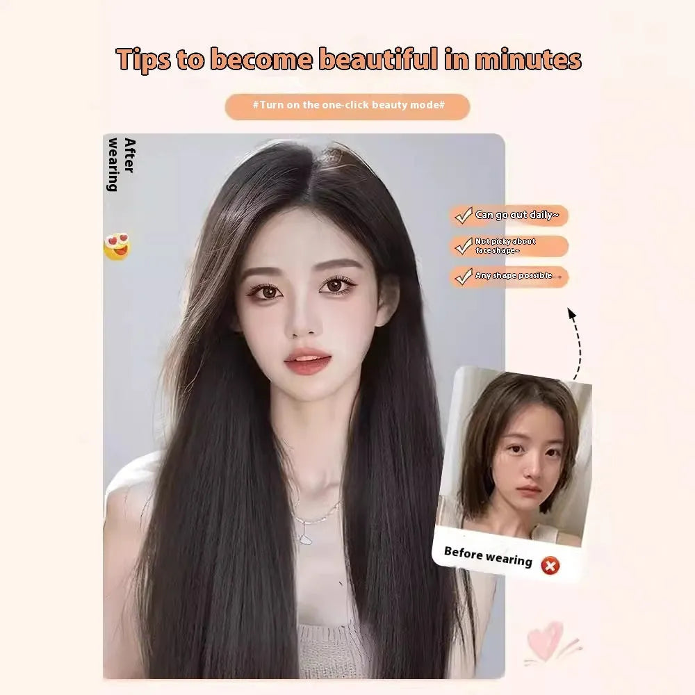Forehead lace long straight full-head wig in dark brown colour with side bangs styling