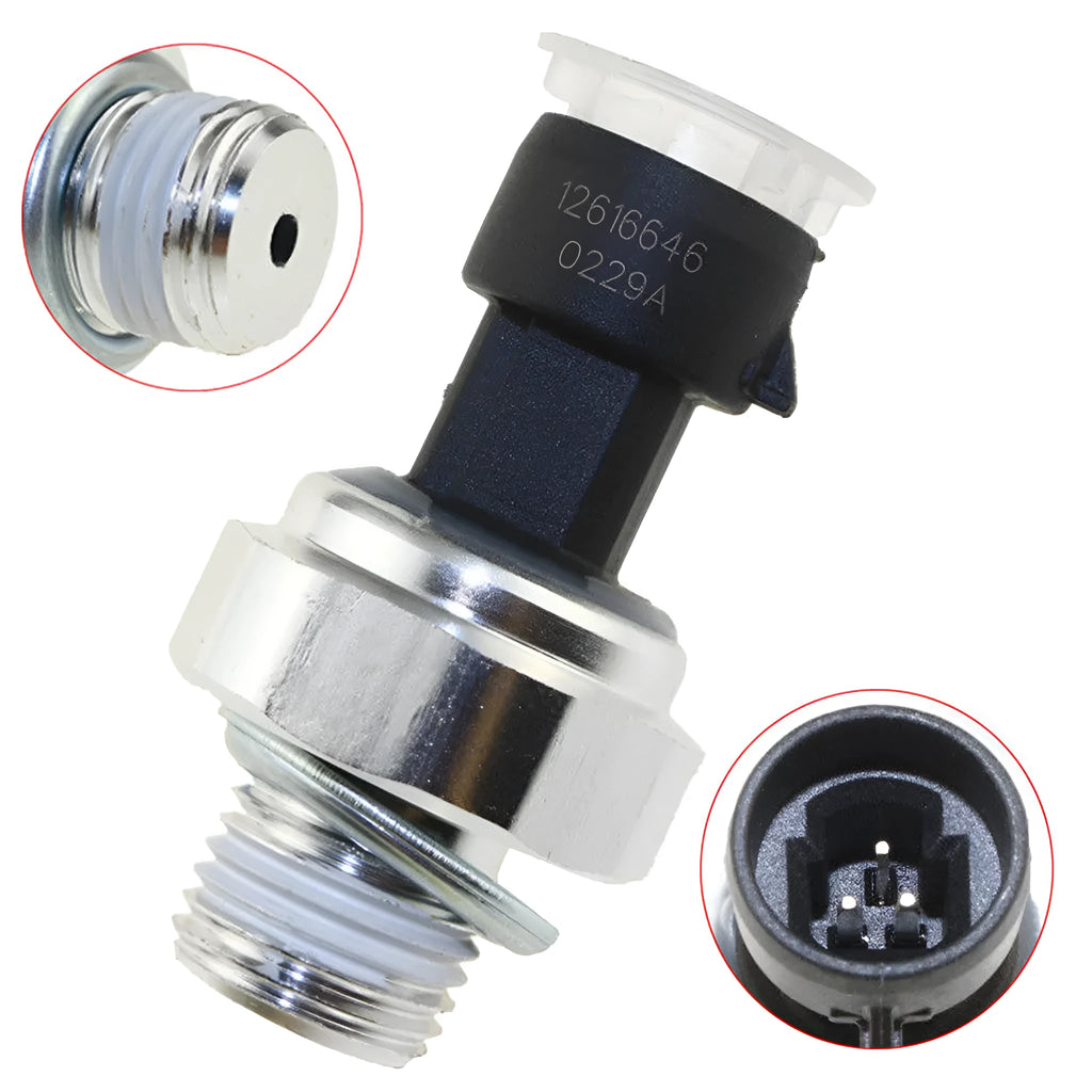 Genuine GM oil pressure sensor with electrical connector for Buick and Chevrolet vehicles.