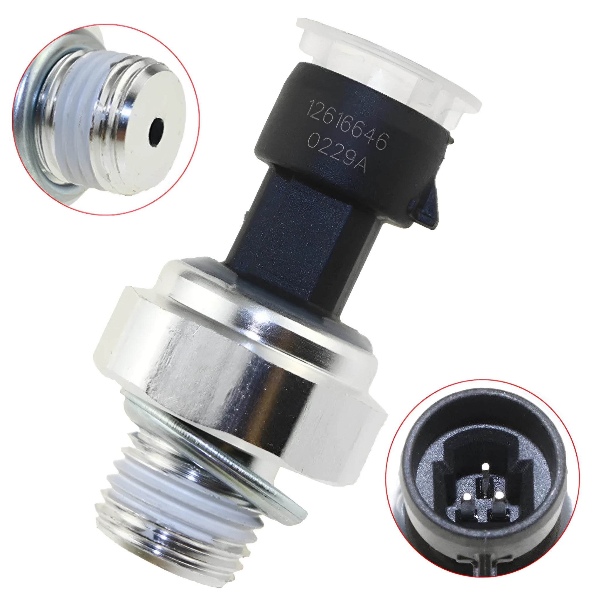 Genuine GM oil pressure sensor with electrical connector for Buick and Chevrolet vehicles.