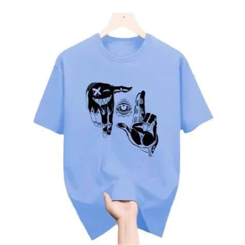 Men's mesh t-shirt with cartoon print design in multiple colour options showing round neck and short sleeves
