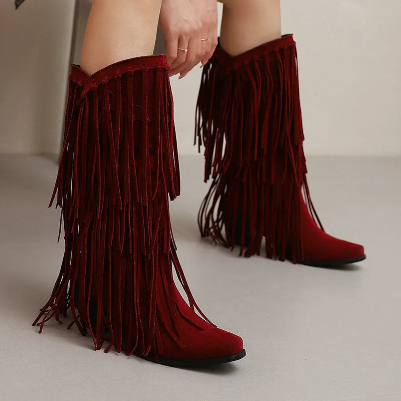 Women's suede knee-high boots with a chunky heel, square toe, and waterproof platform in multiple colours.