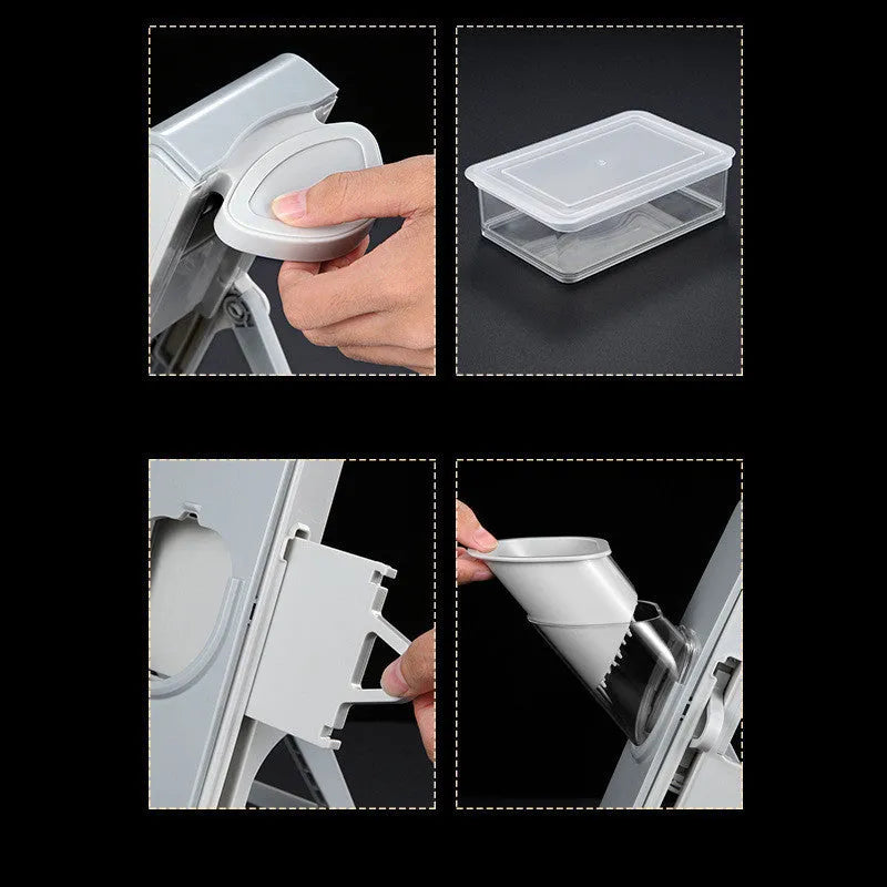 Hand-crank vegetable cutter in simple grey with three blades and fresh-keeping box on a kitchen counter