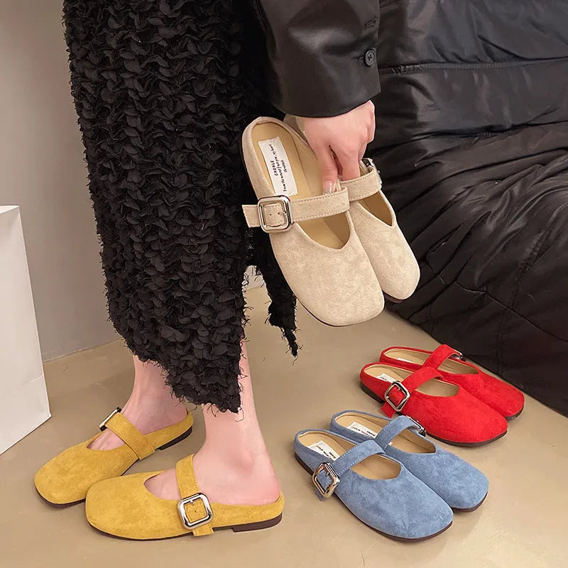 Women's flat closed toe half slippers in square toe design with rubber sole