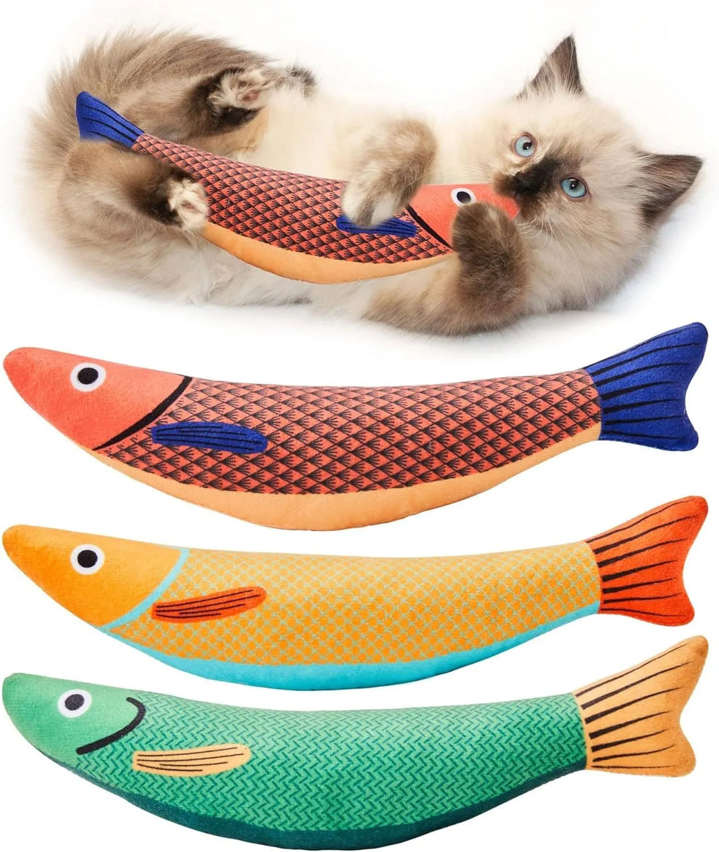 Soft plush fish-shaped cat toy with organic catnip filling in green, orange and yellow colour options