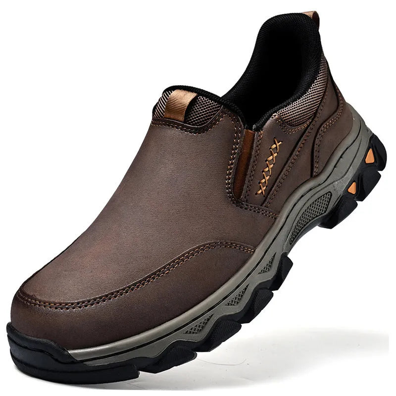 Men's dark brown casual leather-look shoes with round toe and flat rubber sole.