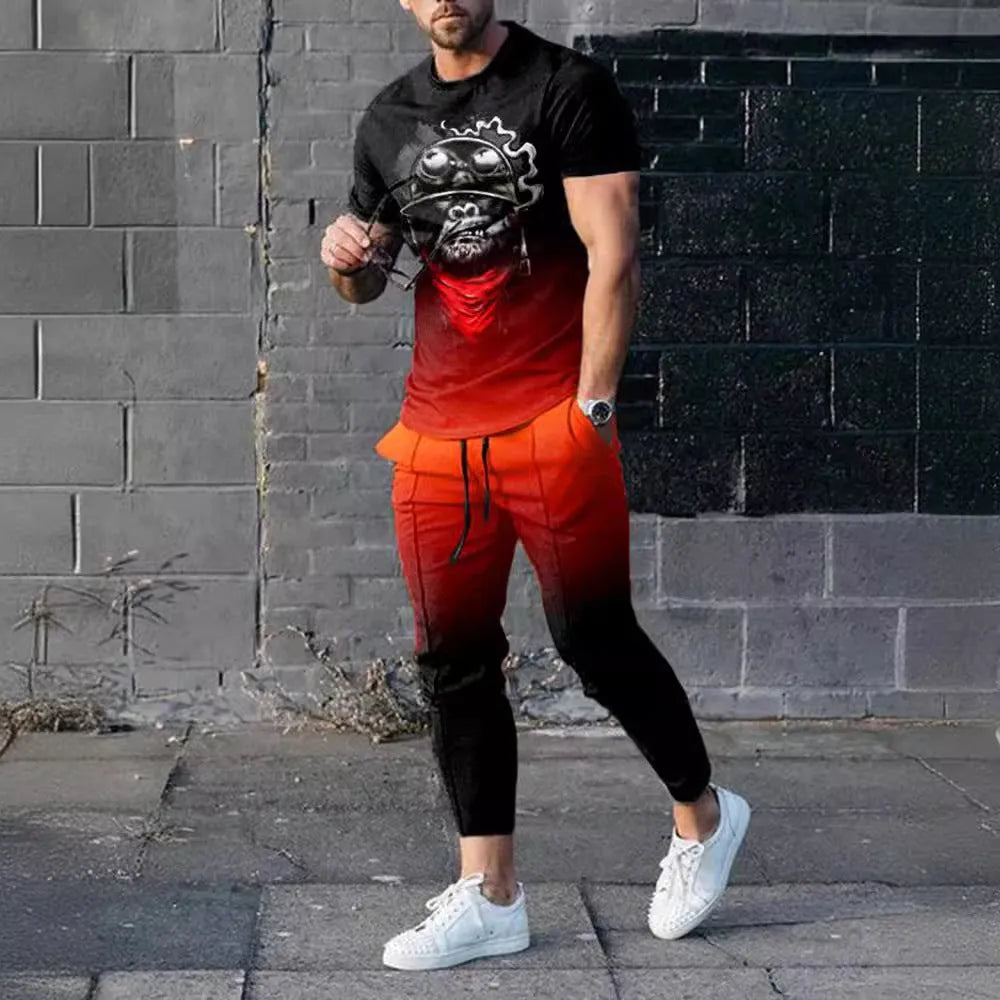 Men's short-sleeved round neck pullover and matching trousers sportswear set in polyester blend fabric