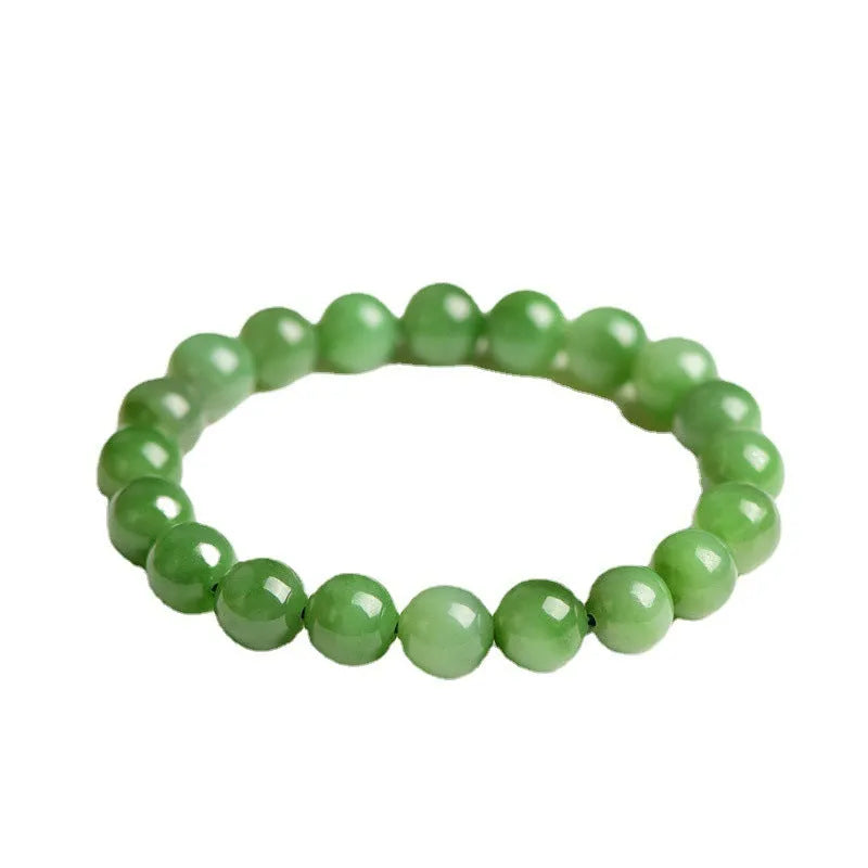 Natural jasper bead bracelet on wrist showing polished Hetian jade construction with multiple bead size options