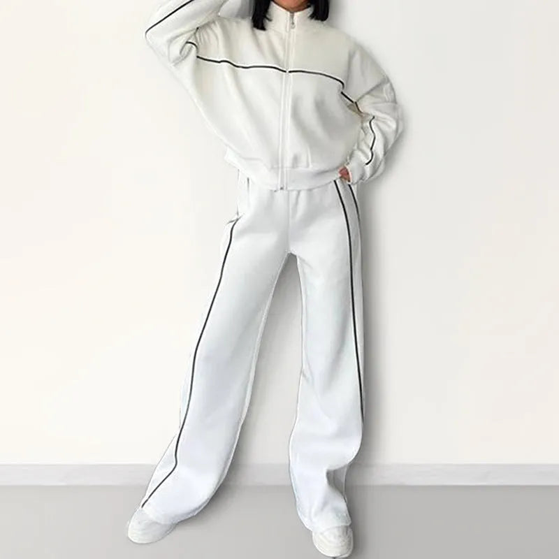 Casual striped suit set with mock neck hoodie and trousers in six colour options