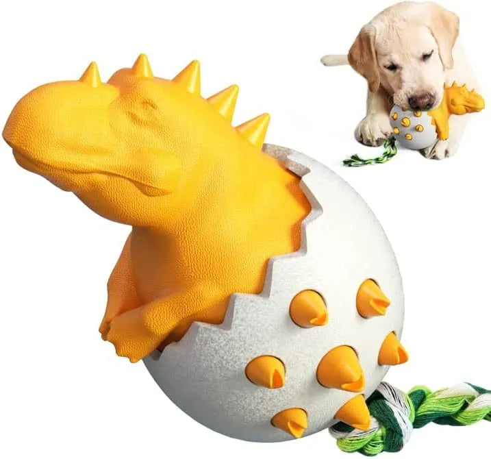 Blue dinosaur-shaped dog chew toy with textured nubs and a green rope tail for fetch or tug.