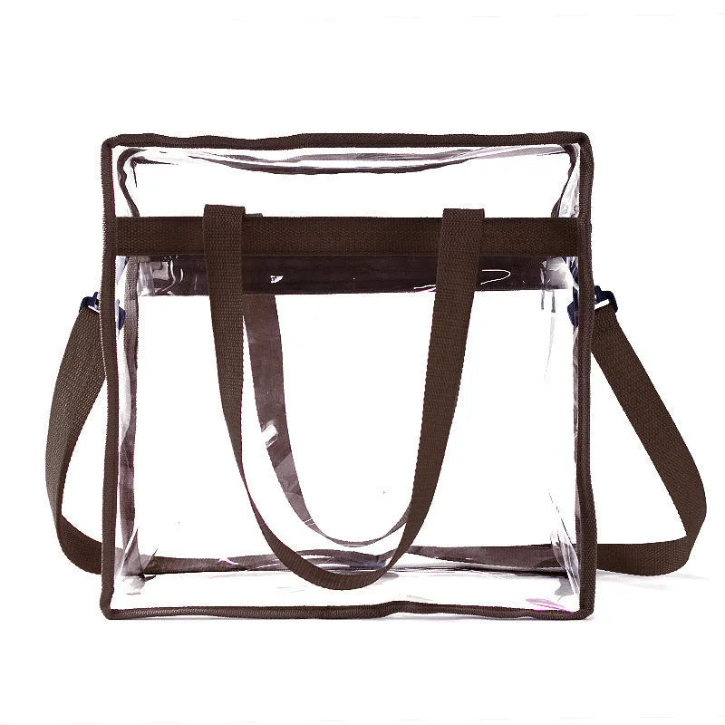 Women's transparent PVC shoulder messenger bag with double connector straps in horizontal square shape