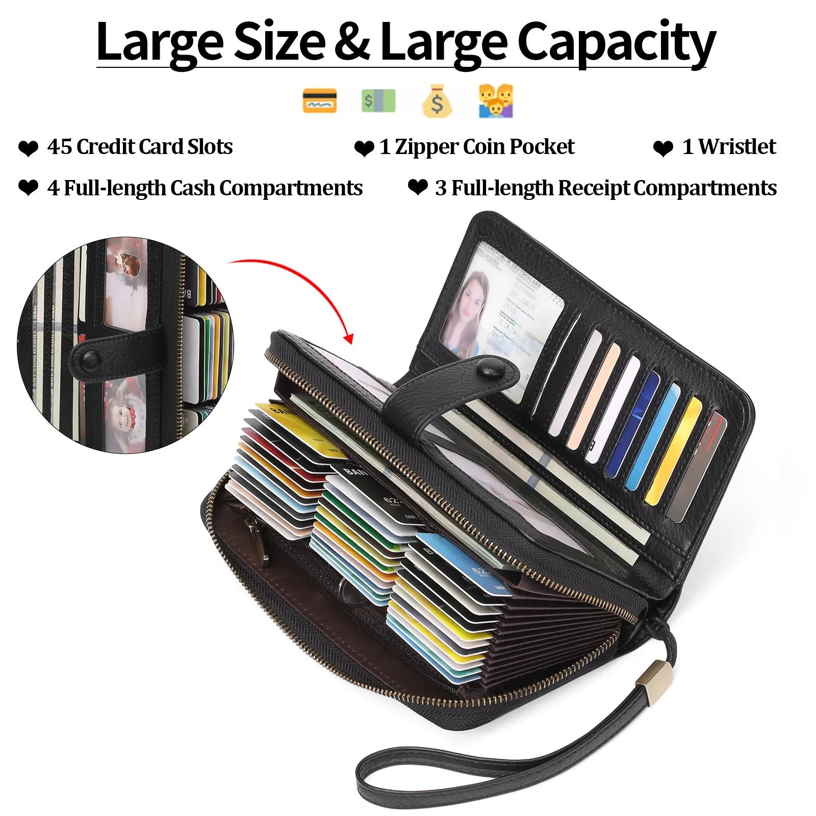 Expanding card holder women's long wallet with anti-theft swiping protection in synthetic leather