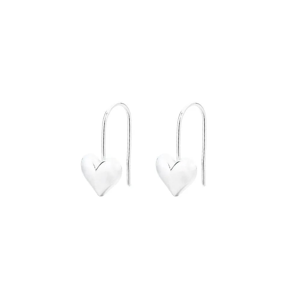 Silver colour heart-shaped earrings with glossy finish and three-dimensional Korean style design