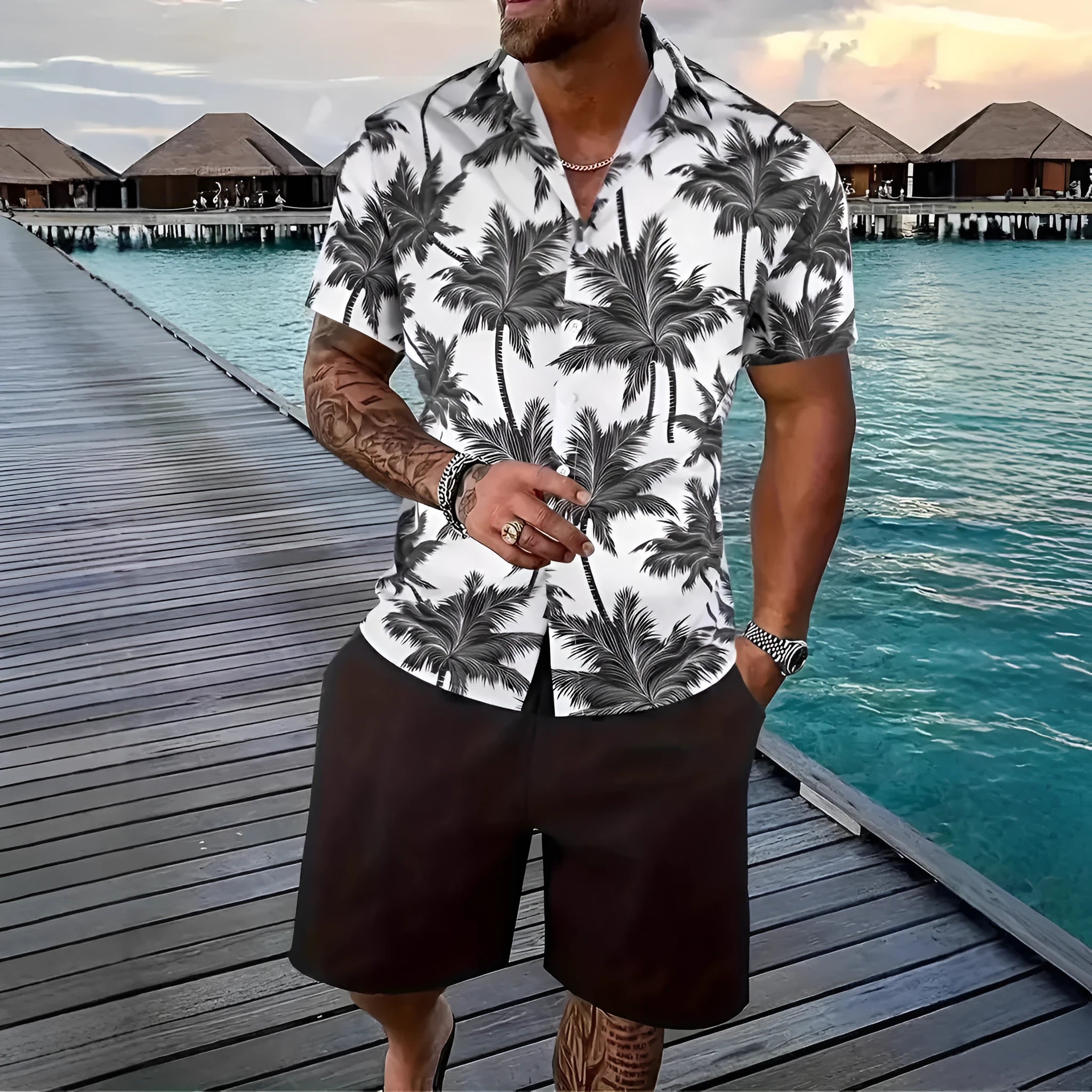 Men's Hawaiian patterned short sleeve suit with 3D print design and matching shorts