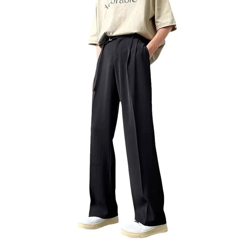 Thin straight wide leg trousers in black chemical fibre blend fabric with non-ironing feature