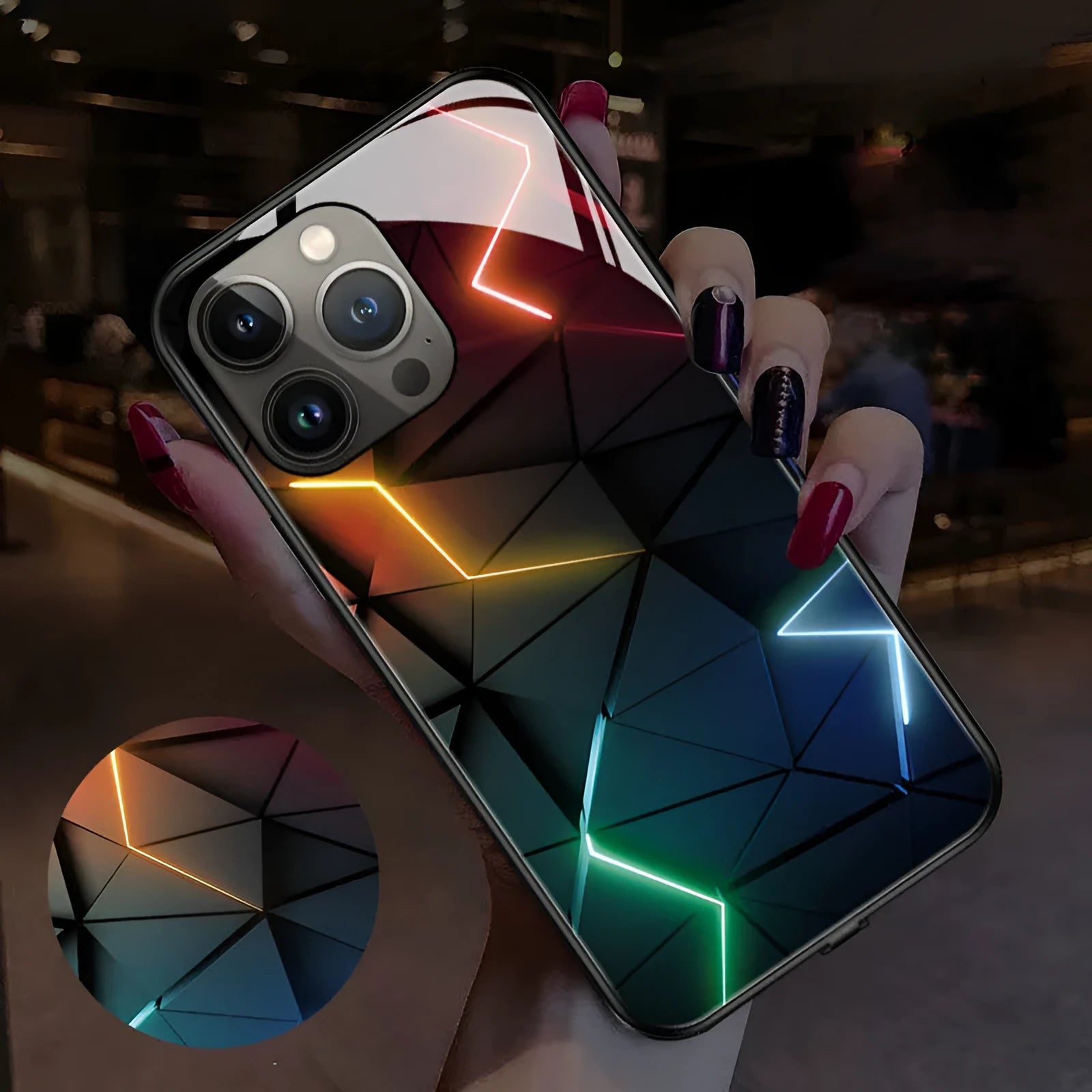 Transparent luminous iPhone case with tempered glass back shown on an iPhone.
