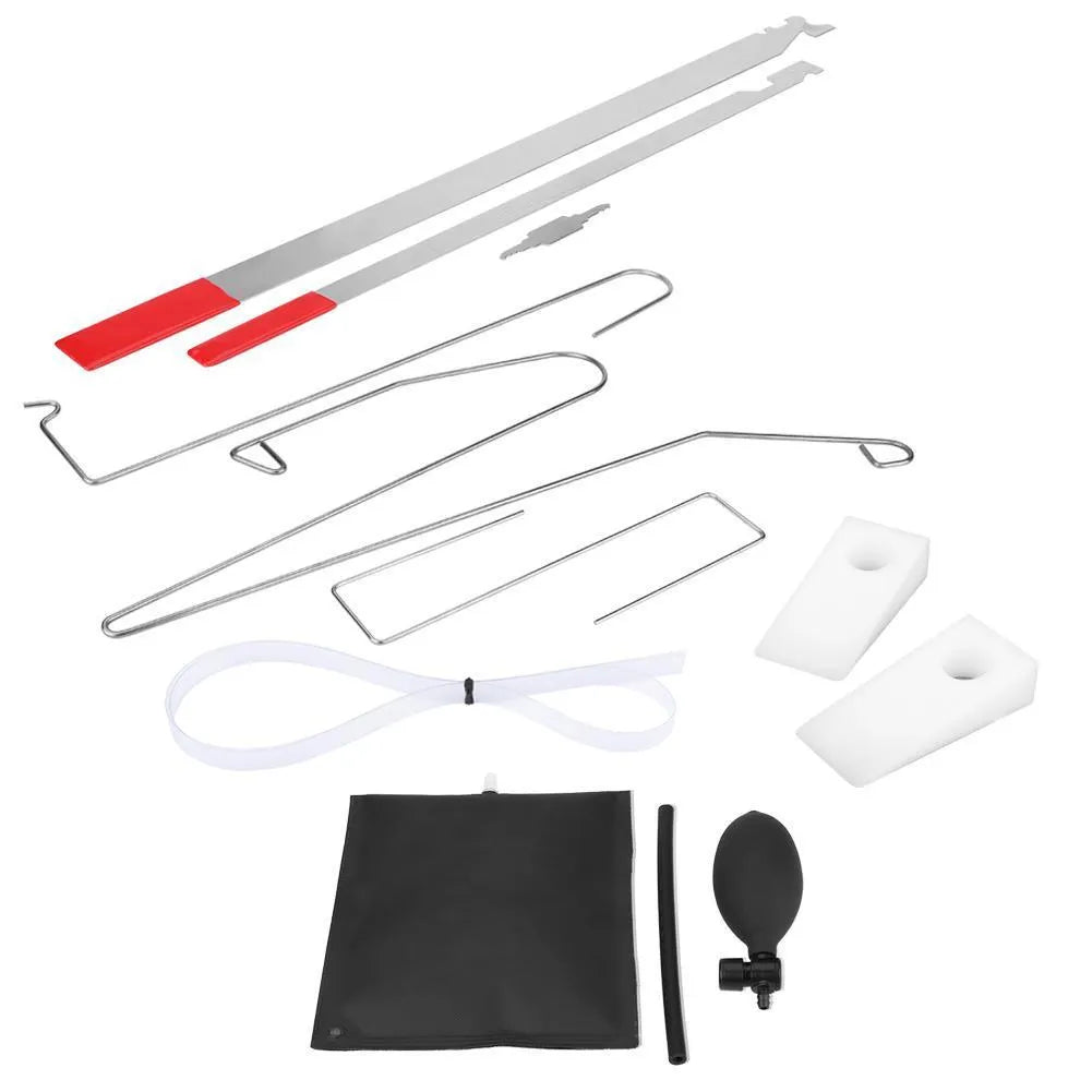 9-piece automotive maintenance tool set with air pump wedge, plastic wedges, and metal crowbar tools