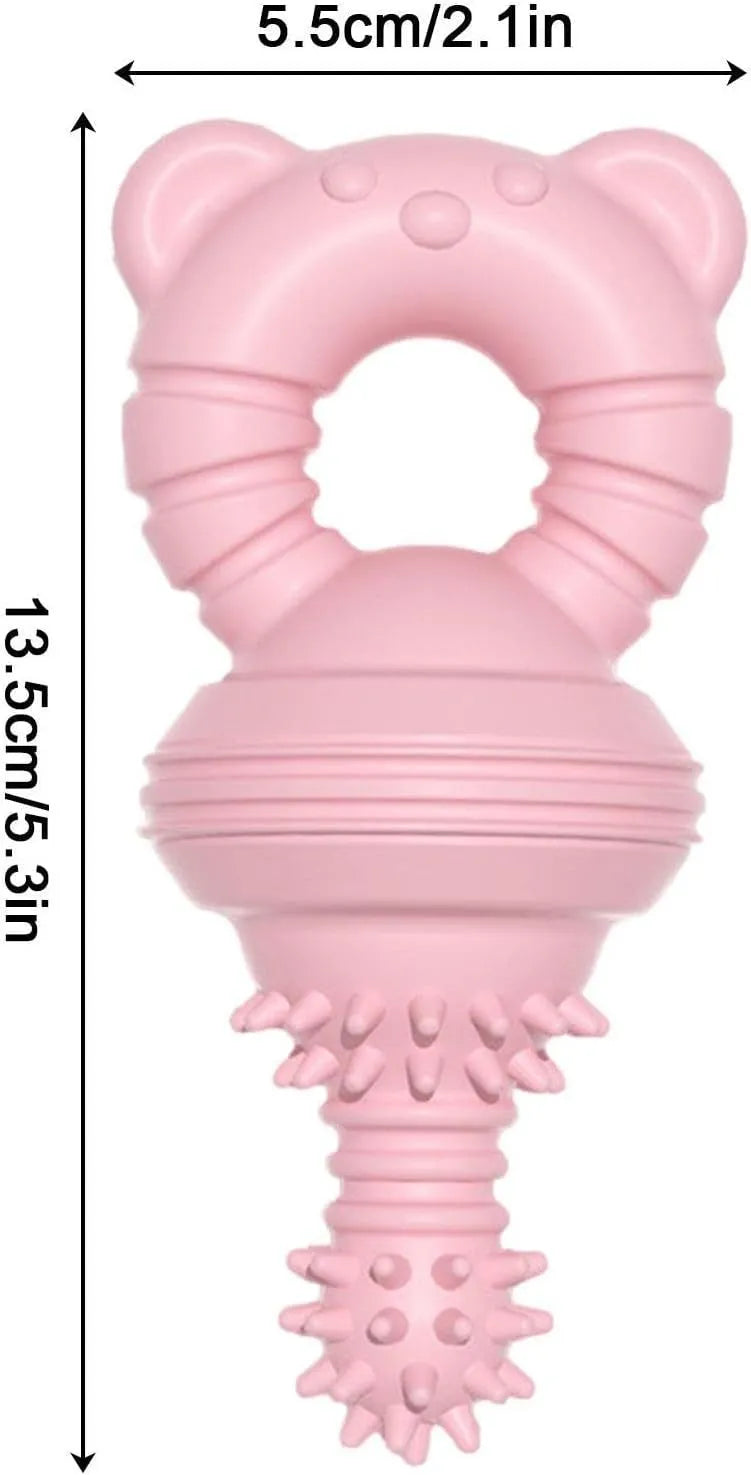 Blue rubber dog chew toy with bell and concave-convex molar design for teeth cleaning.