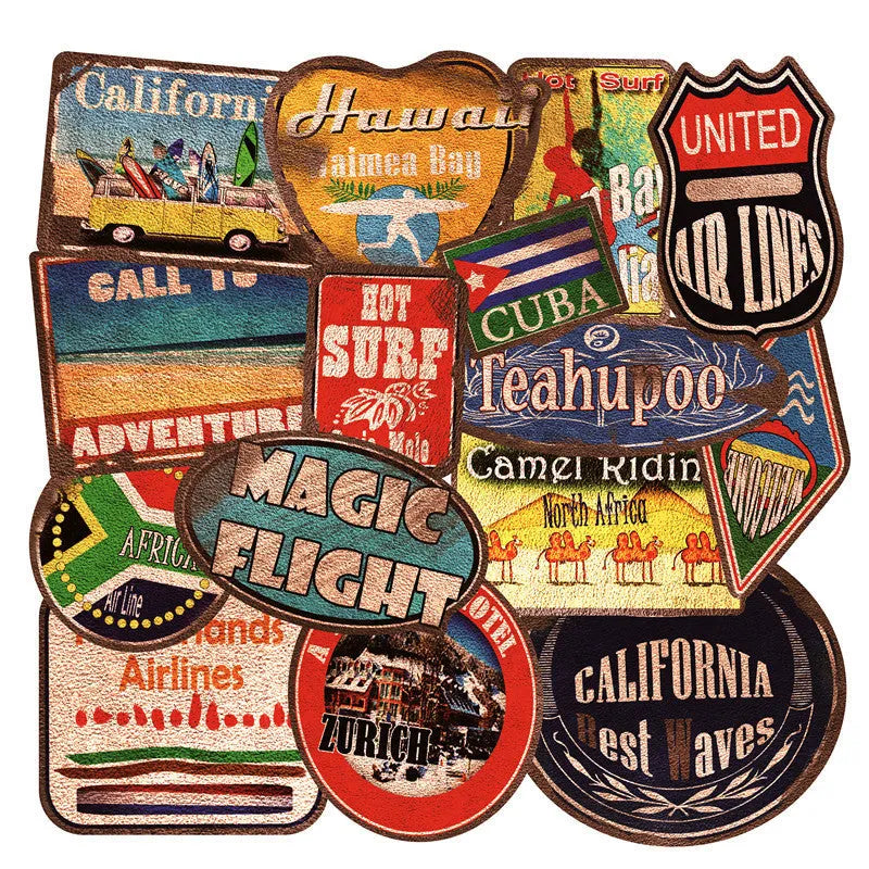 36 large retro beach stickers 6-10cm with matte finish on PVC material for surfing and travel decoration