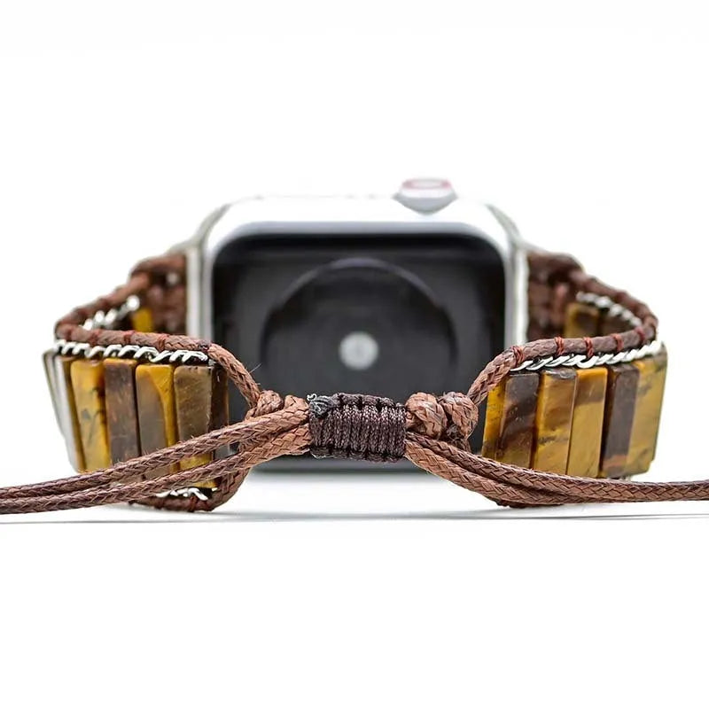 Rectangular tiger eye stone chain on a brown adjustable textile watch strap for men.