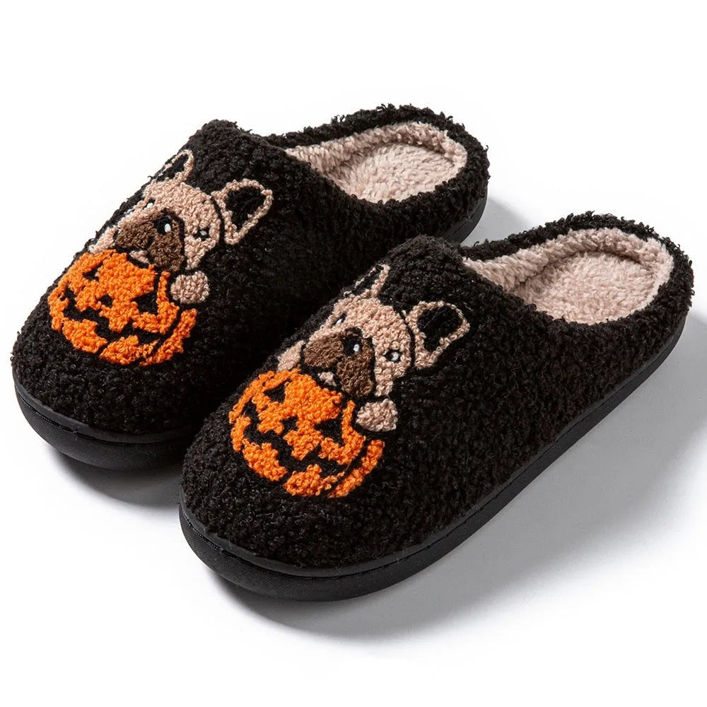 Halloween pumpkin design plush slippers with TPR rubber sole in black and white colours