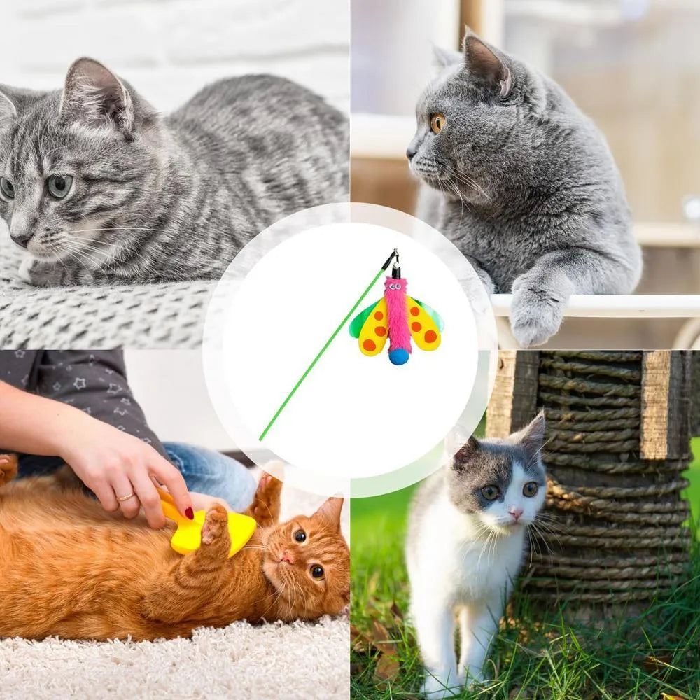 Blue cat wand toy with dragonfly attachment and bell for interactive indoor play