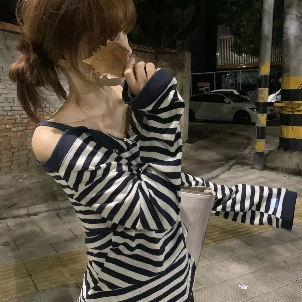 Dark blue Korean-style oversized women's long-sleeved T-shirt with embroidery, stripes, and button details on a soft viscose fabric.