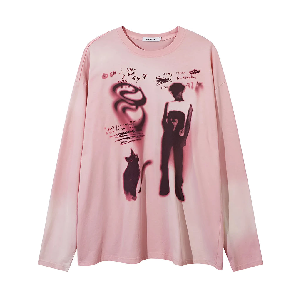 A woman's loose-fit cotton pullover top with long drop-shoulder sleeves, shown in dark grey.