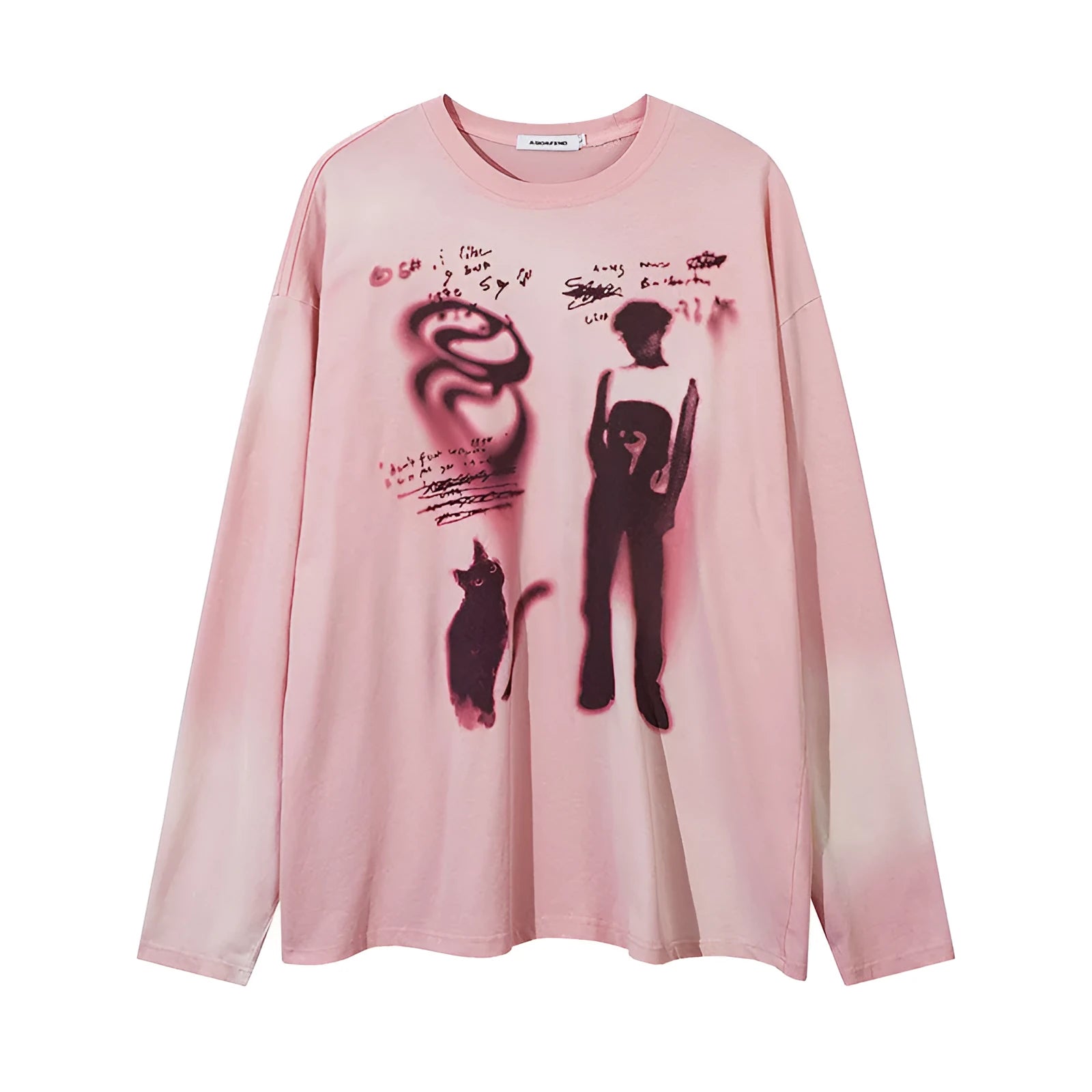 A woman's loose-fit cotton pullover top with long drop-shoulder sleeves, shown in dark grey.