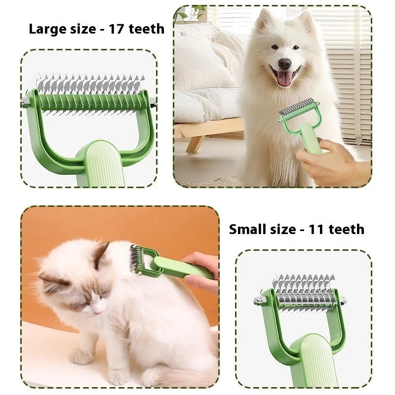 Green or grey dog unknotting comb with stainless steel teeth and PP plastic handle in large or small size
